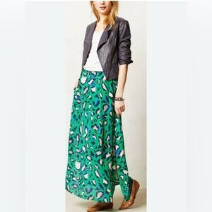 Anthropologie Vanessa Virginia Silk Green/Blue Leopard Print Skirt Size Small